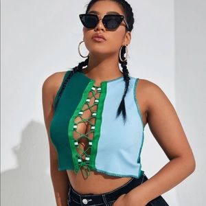 Shein plus size contrast panel lace up tank top